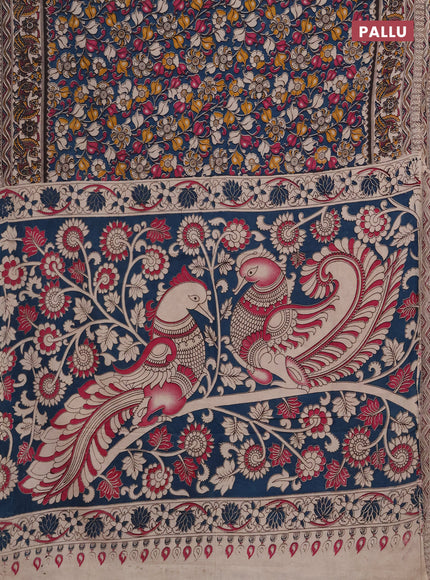 Kalamkari cotton saree teal green and beige with allover prints and printed border