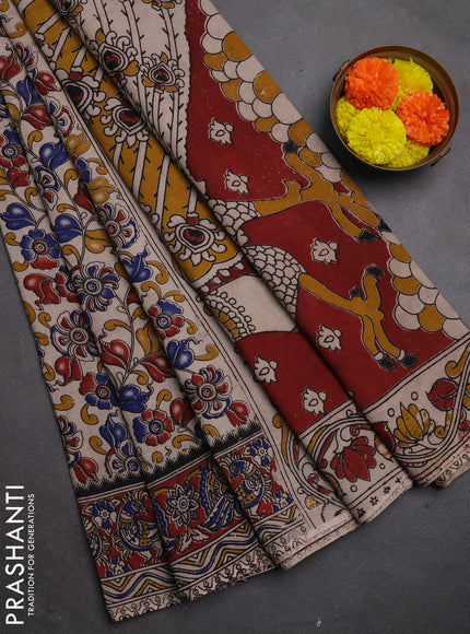 Kalamkari cotton saree beige and maroon with allover prints and printed border