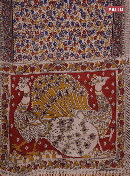Kalamkari cotton saree beige and maroon with allover prints and printed border