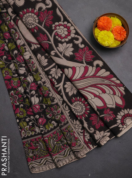 Kalamkari cotton saree black and pink with allover prints and printed border