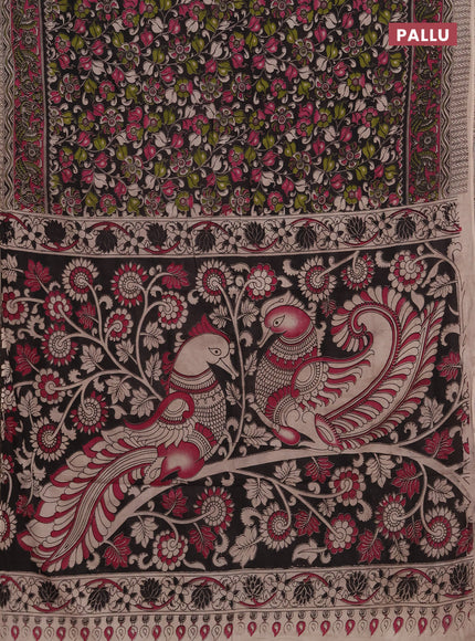 Kalamkari cotton saree black and pink with allover prints and printed border