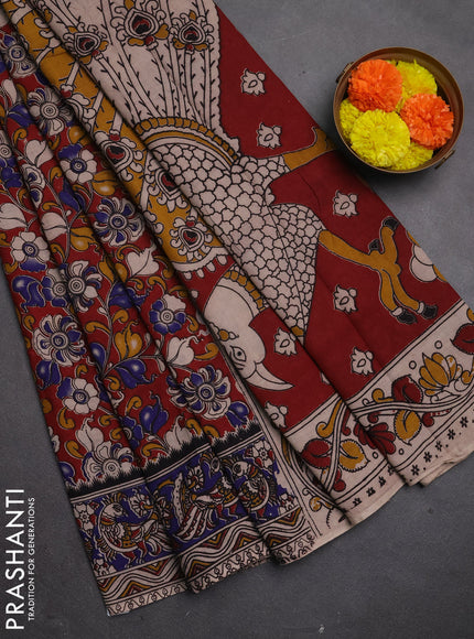 Kalamkari cotton saree maroon and blue with allover prints and printed border