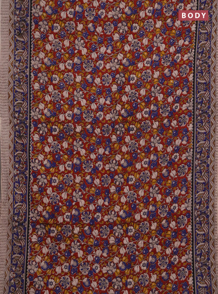 Kalamkari cotton saree maroon and blue with allover prints and printed border