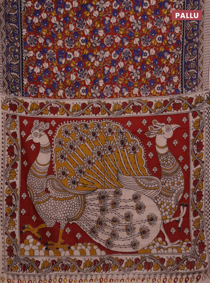 Kalamkari cotton saree maroon and blue with allover prints and printed border