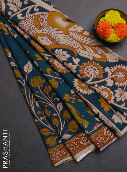 Kalamkari cotton saree teal green and mustard yellow with allover prints and printed border