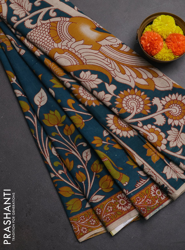 Kalamkari cotton saree teal green and mustard yellow with allover prints and printed border