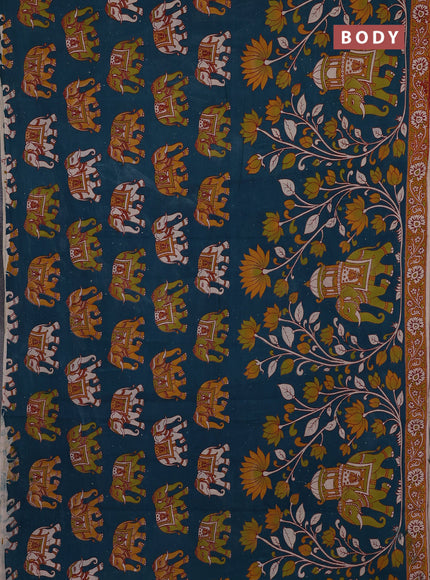 Kalamkari cotton saree teal green and mustard yellow with allover prints and printed border