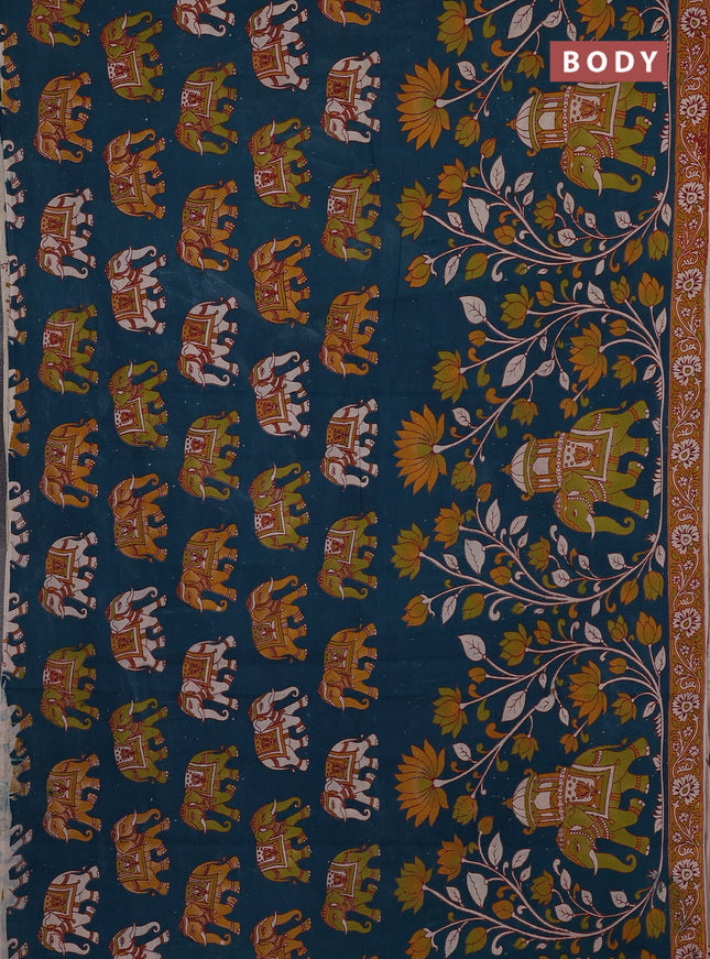 Kalamkari cotton saree teal green and mustard yellow with allover prints and printed border