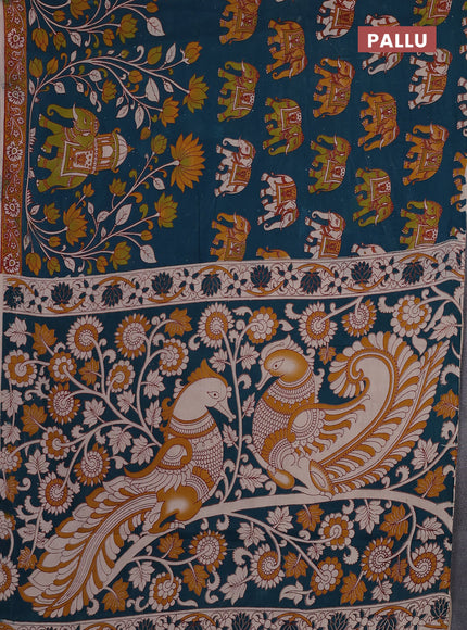 Kalamkari cotton saree teal green and mustard yellow with allover prints and printed border