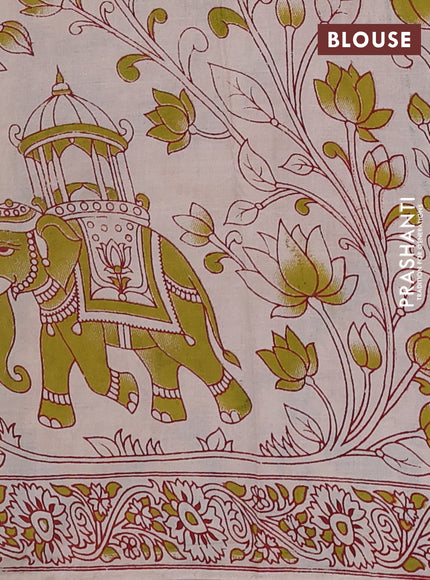 Kalamkari cotton saree teal green and mustard yellow with allover prints and printed border