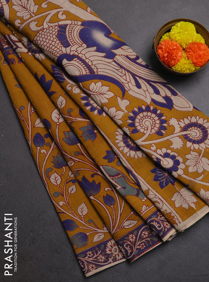 Kalamkari cotton saree mustard yellow and blue with allover prints and printed border