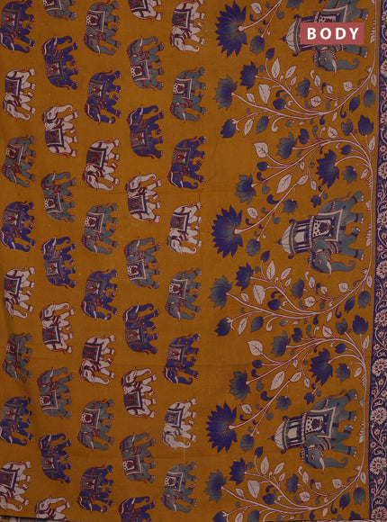 Kalamkari cotton saree mustard yellow and blue with allover prints and printed border