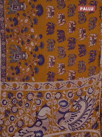 Kalamkari cotton saree mustard yellow and blue with allover prints and printed border