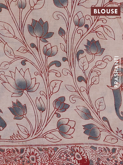 Kalamkari cotton saree mustard yellow and blue with allover prints and printed border