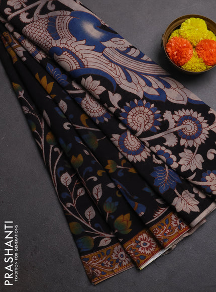 Kalamkari cotton saree black and mustard yellow with allover prints and printed border