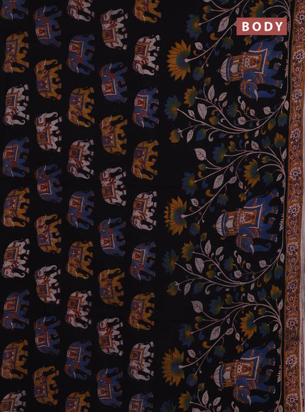 Kalamkari cotton saree black and mustard yellow with allover prints and printed border