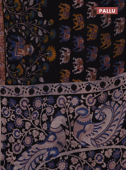 Kalamkari cotton saree black and mustard yellow with allover prints and printed border
