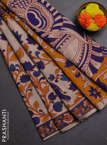 Kalamkari cotton saree beige and blue with allover prints and printed border