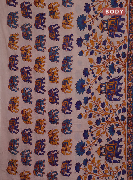 Kalamkari cotton saree beige and blue with allover prints and printed border