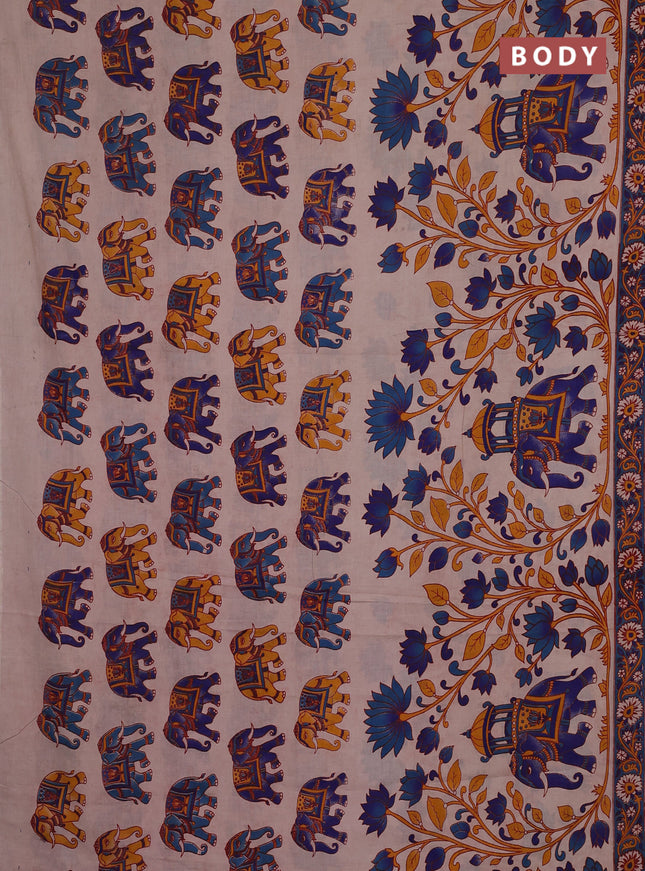 Kalamkari cotton saree beige and blue with allover prints and printed border