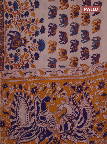 Kalamkari cotton saree beige and blue with allover prints and printed border