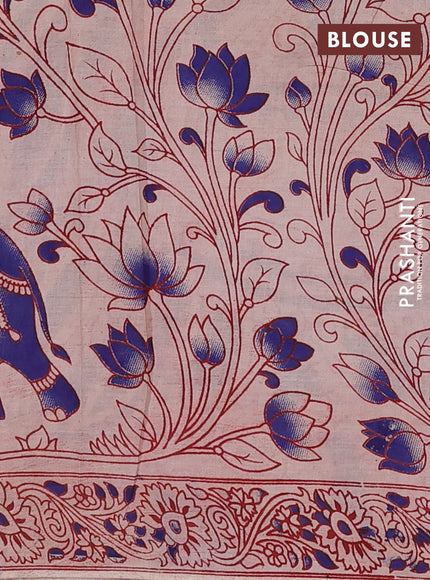 Kalamkari cotton saree beige and blue with allover prints and printed border