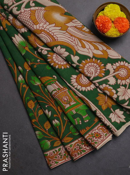 Kalamkari cotton saree green and beige with allover prints and printed border