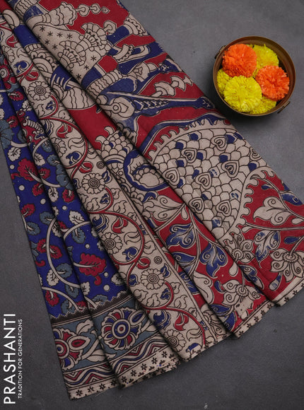 Kalamkari cotton saree blue and grey with allover prints and printed border