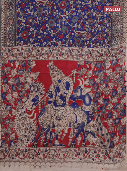 Kalamkari cotton saree blue and grey with allover prints and printed border