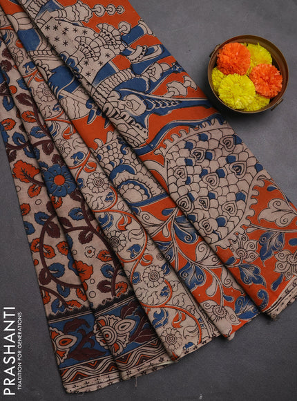 Kalamkari cotton saree beige and blue with allover prints and printed border