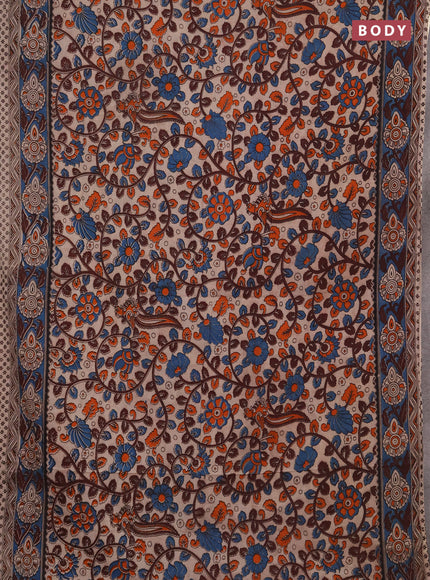 Kalamkari cotton saree beige and blue with allover prints and printed border