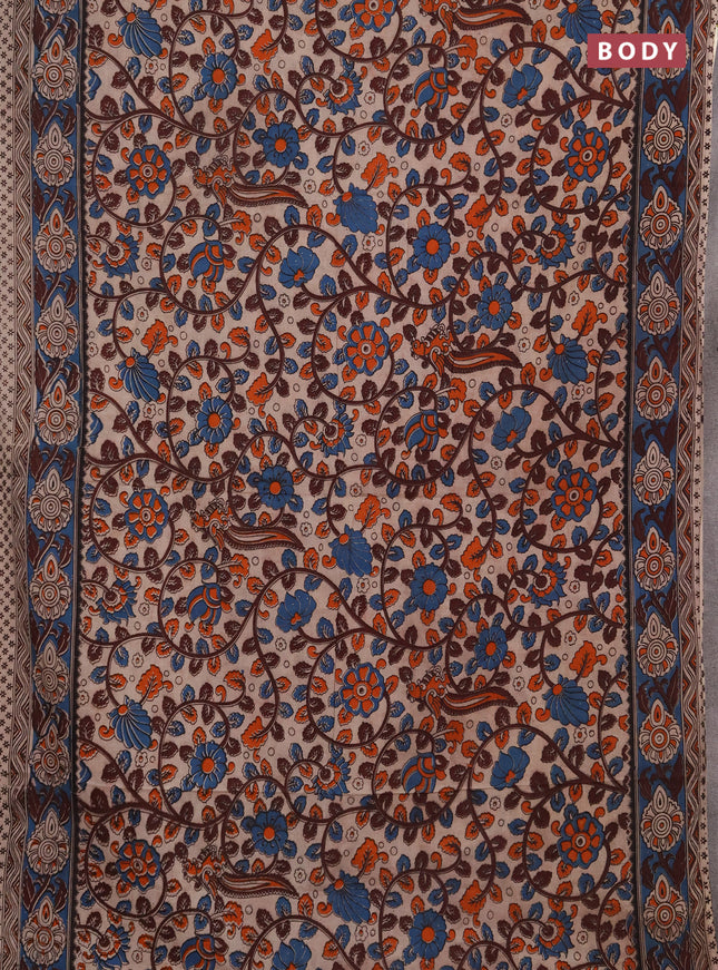 Kalamkari cotton saree beige and blue with allover prints and printed border