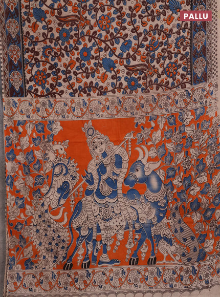 Kalamkari cotton saree beige and blue with allover prints and printed border