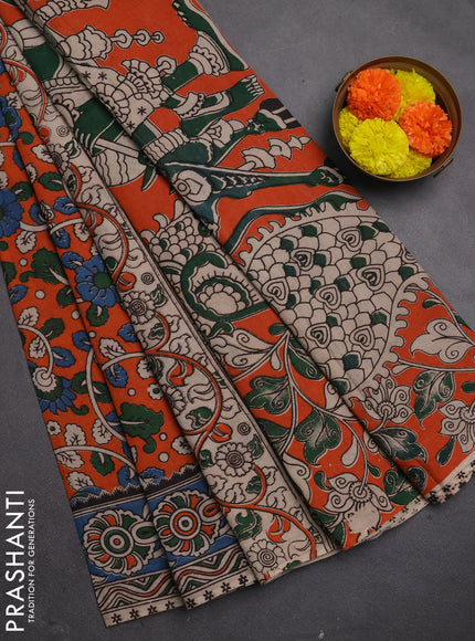 Kalamkari cotton saree orange and blue with allover prints and printed border