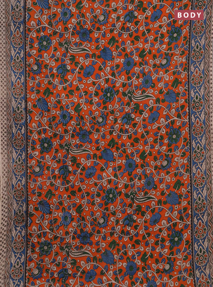 Kalamkari cotton saree orange and blue with allover prints and printed border