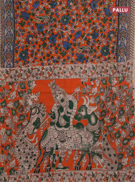 Kalamkari cotton saree orange and blue with allover prints and printed border