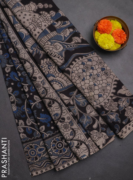 Kalamkari cotton saree black and grey with allover prints and printed border