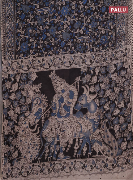 Kalamkari cotton saree black and grey with allover prints and printed border