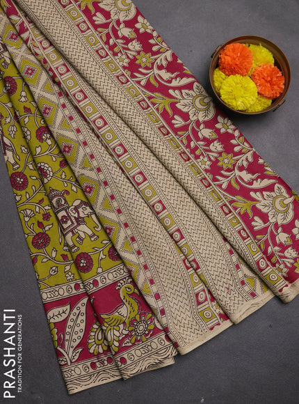 Kalamkari cotton saree lime green and magenta pink with allover prints and printed border