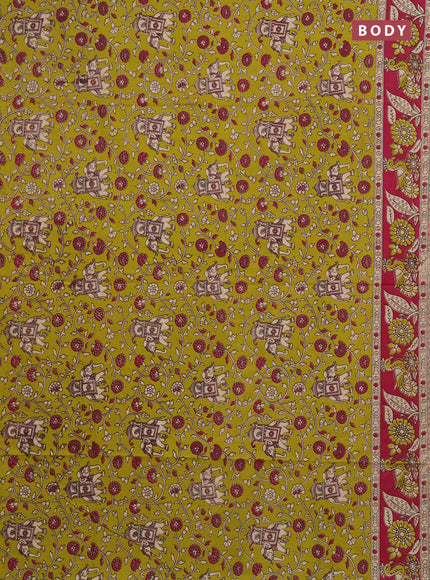 Kalamkari cotton saree lime green and magenta pink with allover prints and printed border