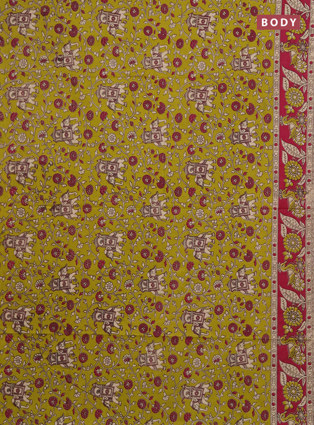 Kalamkari cotton saree lime green and magenta pink with allover prints and printed border