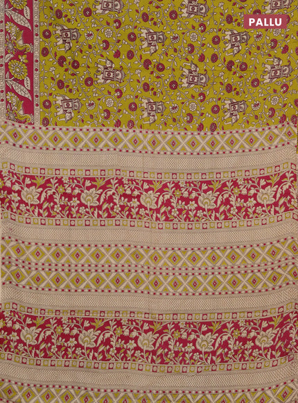 Kalamkari cotton saree lime green and magenta pink with allover prints and printed border