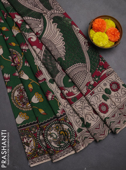 Kalamkari cotton saree green and magenta pink with allover prints and printed border