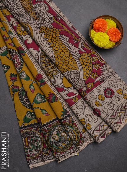 Kalamkari cotton saree mustard yellow and pink with allover prints and printed border