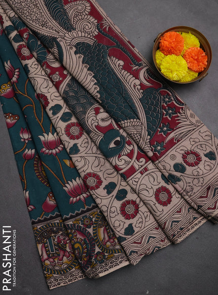 Kalamkari cotton saree peacock green and pink with allover prints and printed border