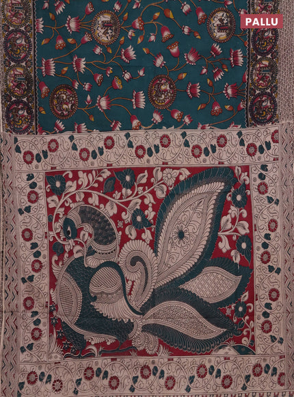 Kalamkari cotton saree peacock green and pink with allover prints and printed border