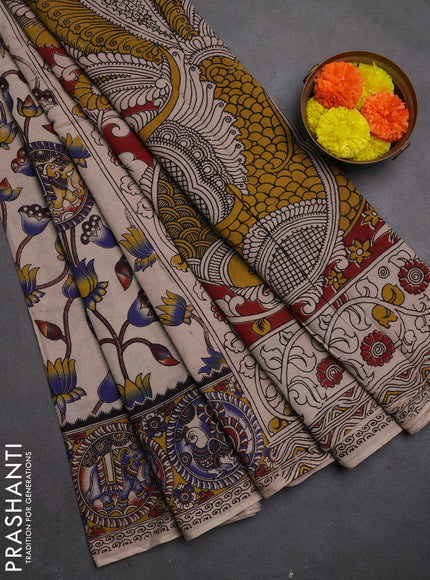 Kalamkari cotton saree beige and mustard yellow with allover prints and printed border