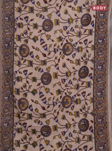 Kalamkari cotton saree beige and mustard yellow with allover prints and printed border