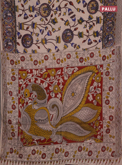 Kalamkari cotton saree beige and mustard yellow with allover prints and printed border