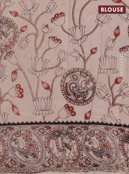 Kalamkari cotton saree beige and mustard yellow with allover prints and printed border
